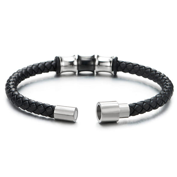 Mens Women Black Braided Leather Bangle Bracelet, Steel Silver Black Bead String and Magnetic Clasp - COOLSTEELANDBEYOND Jewelry