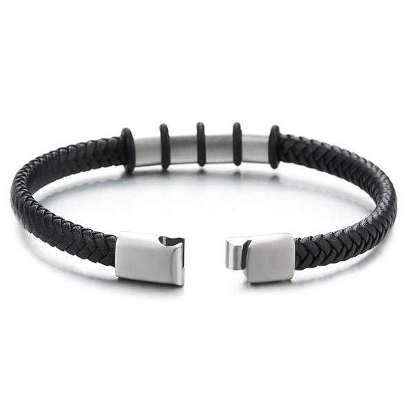 Mens Women Black Braided Leather Bangle Bracelet with Stainless Steel Bead String and Magnetic Clasp - COOLSTEELANDBEYOND Jewelry