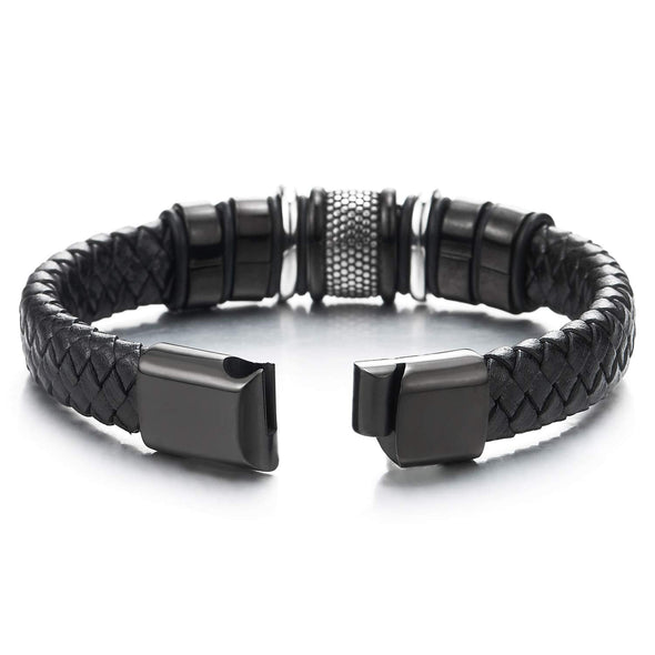 Mens Women Black Braided Leather Bracelet Leather Wristband, Silver Black Steel Ornaments and Clasp - COOLSTEELANDBEYOND Jewelry