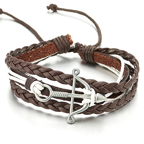 Mens Women Bow and Arrow Brown Braided Leather White Cotton Multi-Strand Wrap Bracelet Wristband - coolsteelandbeyond