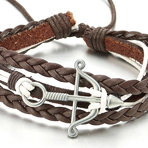 Mens Women Bow and Arrow Brown Braided Leather White Cotton Multi-Strand Wrap Bracelet Wristband - coolsteelandbeyond