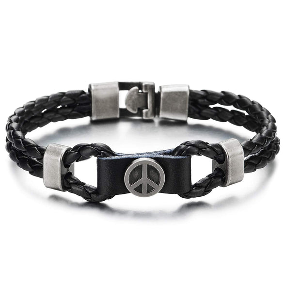 Mens Women Braided Leather Bangle Bracelet with Anti-war Peace Sign Circle Charm - COOLSTEELANDBEYOND Jewelry