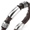 Mens Women Brown Braided Leather Bangle Bracelet Steel Ornament and Irregular Grid Pattern Charm - coolsteelandbeyond