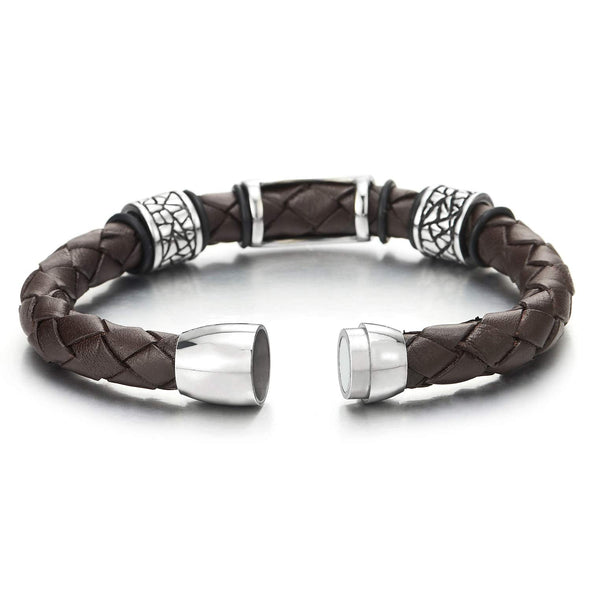 Mens Women Brown Braided Leather Bangle Bracelet Steel Ornament and Irregular Grid Pattern Charm - coolsteelandbeyond
