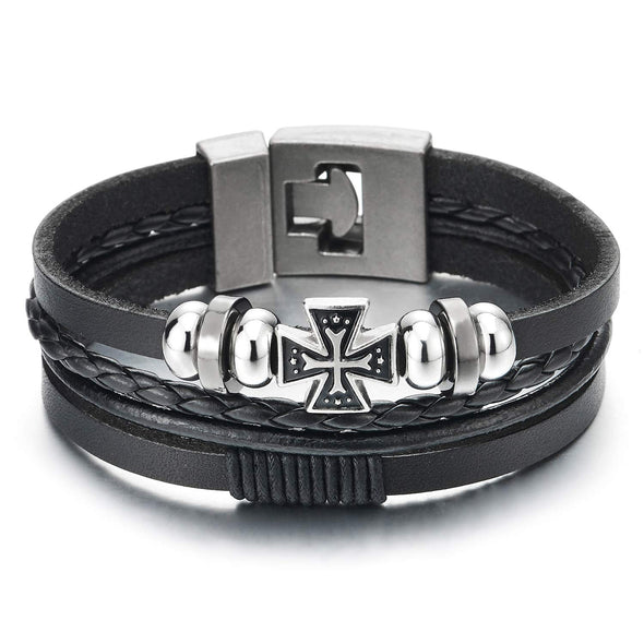 Mens Women Cross Beads Charms Multi-strand Black Braided Leather Bracelet Wristband Wrap Bracelet - coolsteelandbeyond