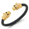 Mens Women Magnetic Gold Black Steel Leopard Head Twisted Cable Cuff Bangle Bracelet White Black CZ - coolsteelandbeyond