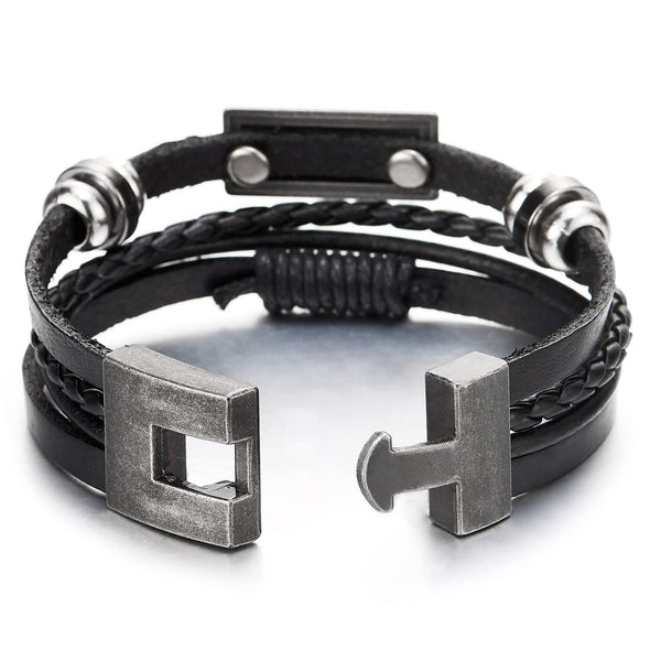 Mens Women Multi-Strand Black Braided Leather Bracelet with Rectangle ID Beads Charm - COOLSTEELANDBEYOND Jewelry