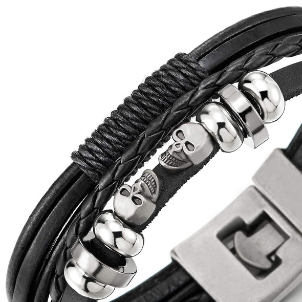 Mens Women Multi-Strand Black Braided Leather Bracelet with Skull Beads Charm and Cotton Rope String - COOLSTEELANDBEYOND Jewelry