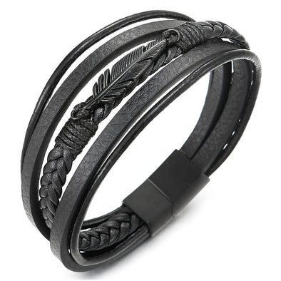 Mens Women Steel Black Feather Multi-Strand Black Braided Leather Bangle Bracelet - COOLSTEELANDBEYOND Jewelry