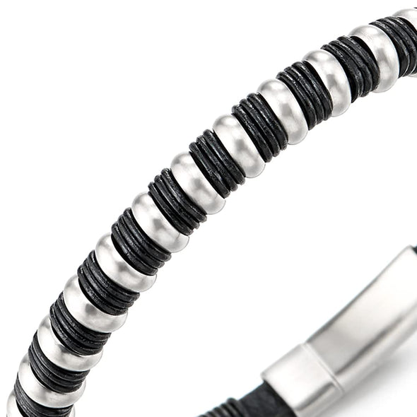 Mens Women Steel Circle Ring Charms Leather Braided Bracelet Bangle Wristband Silver Black, Unique - COOLSTEELANDBEYOND Jewelry