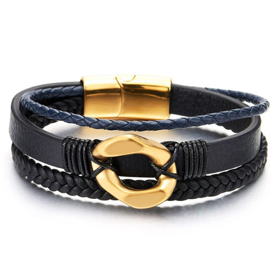 Mens Women Steel Gold Irregular Circle Charm Three-Strand Black Navy Blue Leather Bracelet - COOLSTEELANDBEYOND Jewelry
