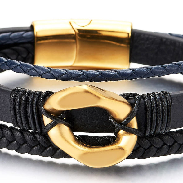 Mens Women Steel Gold Irregular Circle Charm Three-Strand Black Navy Blue Leather Bracelet - COOLSTEELANDBEYOND Jewelry