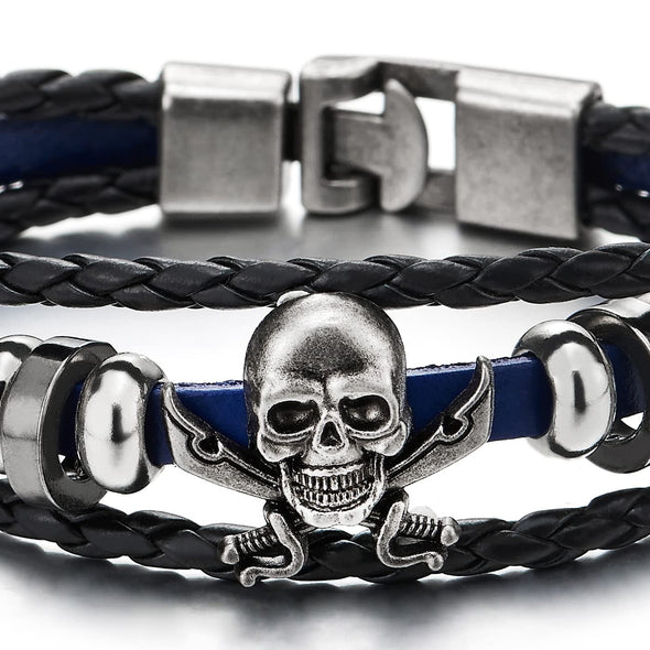 Mens Women Sword Pirate Skull Blue Braided Leather Bracelet Multi-Strand Leather Wristband Bracelet - COOLSTEELANDBEYOND Jewelry