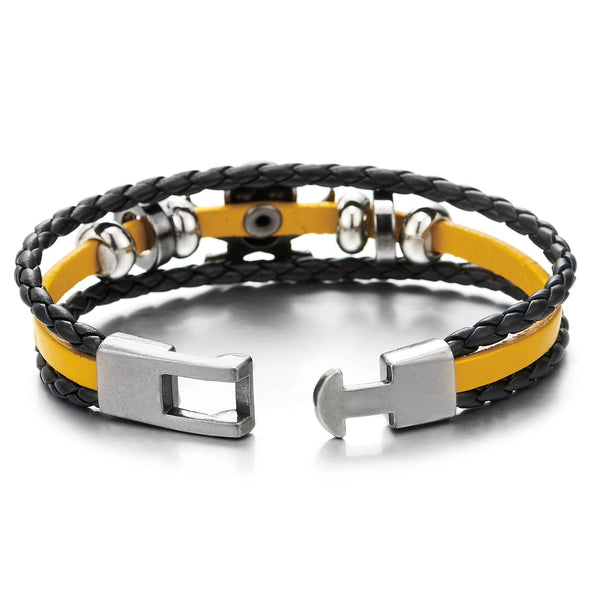 Mens Women Sword Pirate Skull Yellow Braided Leather Bracelet Multi-Strand Wristband Bracelet - COOLSTEELANDBEYOND Jewelry