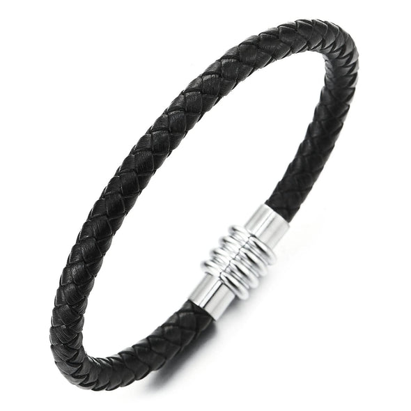 Mens Women Thin Black Braided Leather Bracelet Genuine Leather Bangle Wristband with Magnetic Clasp - COOLSTEELANDBEYOND Jewelry