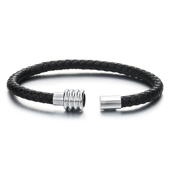 Mens Women Thin Black Braided Leather Bracelet Genuine Leather Bangle Wristband with Magnetic Clasp - COOLSTEELANDBEYOND Jewelry