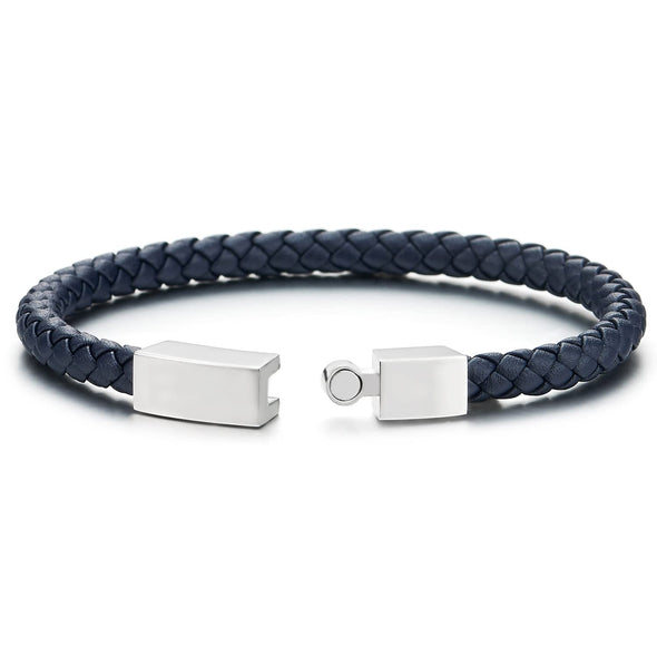 Mens Women Thin Dark Blue Braided Leather Bracelet Leather Bangle Wristband, Steel Magnetic Clasp - COOLSTEELANDBEYOND Jewelry