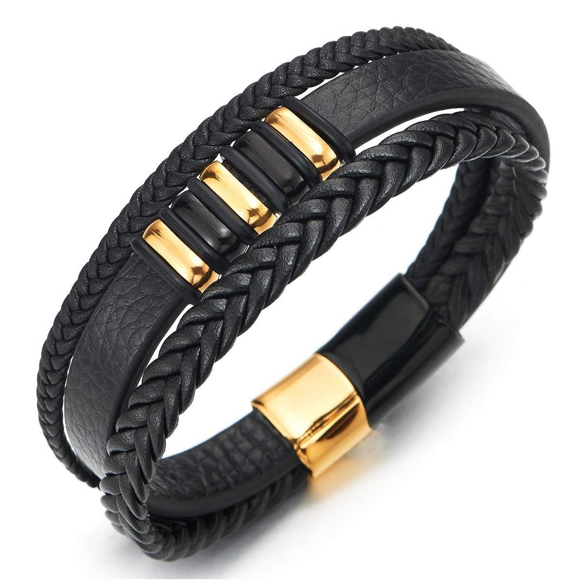 Mens Women Three-Strand Black Braided Leather Bracelet Bangle Wristband ...