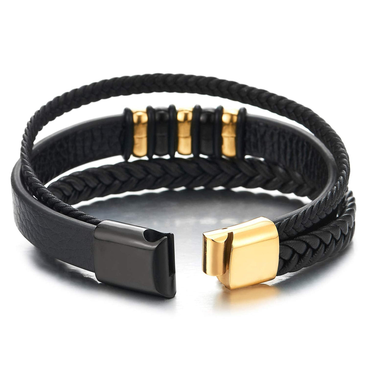 Mens Women Three-Strand Black Braided Leather Bracelet Bangle Wristband ...
