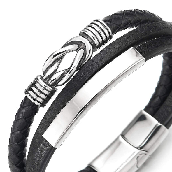Mens Women Three-Strand ID Identification Black Leather Bracelet Bangle with Steel Love Knot Charm - coolsteelandbeyond