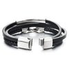 Mens Women Three-Strand ID Identification Black Leather Bracelet Bangle with Steel Love Knot Charm - coolsteelandbeyond