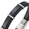 Mens Women Two-Row Black Braided Leather Bracelet with Three Steel Link Charms, Magnetic Clasp - COOLSTEELANDBEYOND Jewelry