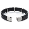 Mens Women Two-Row Black Braided Leather Bracelet with Three Steel Link Charms, Magnetic Clasp - COOLSTEELANDBEYOND Jewelry