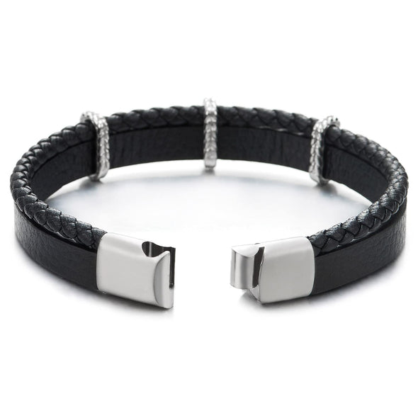 Mens Women Two-Row Black Braided Leather Bracelet with Three Steel Link Charms, Magnetic Clasp - COOLSTEELANDBEYOND Jewelry