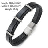 Mens Women Two-Row Black Braided Leather Bracelet with Three Steel Link Charms, Magnetic Clasp - COOLSTEELANDBEYOND Jewelry