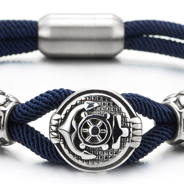 Mens Women Two-Row Blue Nautical Marine Yacht Rope Bracelet with Steel Anchor Charm - COOLSTEELANDBEYOND Jewelry