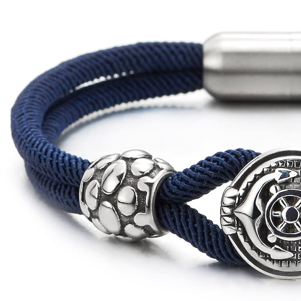 Mens Women Two-Row Blue Nautical Marine Yacht Rope Bracelet with Steel Anchor Charm - COOLSTEELANDBEYOND Jewelry