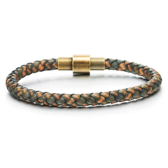 Mens Women Two-Tone Brown Braided Leather Bracelet Bangle, Vintage Aged Brass Steel Magnetic Clasp - COOLSTEELANDBEYOND Jewelry