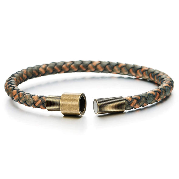 Mens Women Two-Tone Brown Braided Leather Bracelet Bangle, Vintage Aged Brass Steel Magnetic Clasp - COOLSTEELANDBEYOND Jewelry