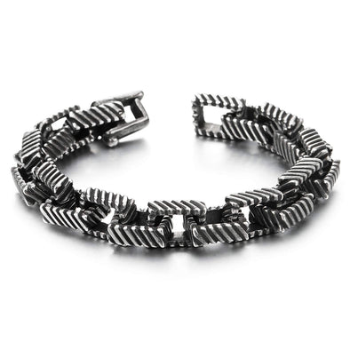 Mens Women Vintage Grooved Stripes Rectangle Rolo Link Chain Steel Bracelet Retro Old Metal Finished - COOLSTEELANDBEYOND Jewelry