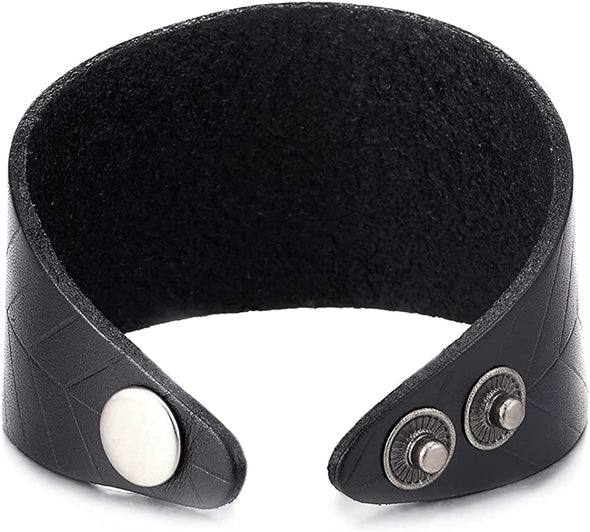 Mens Women Wide Black Leather Bracelet Leather Wristband with Leaf Veins Pattern, Snap Button - COOLSTEELANDBEYOND Jewelry