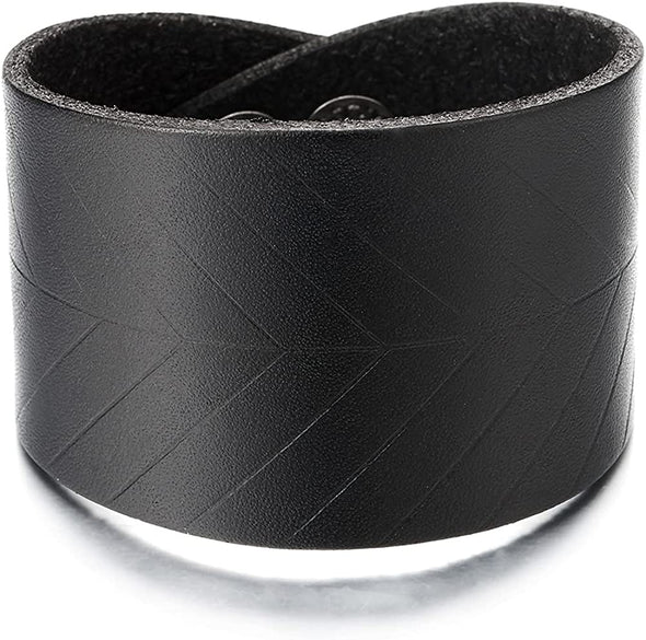 Mens Women Wide Black Leather Bracelet Leather Wristband with Leaf Veins Pattern, Snap Button - COOLSTEELANDBEYOND Jewelry