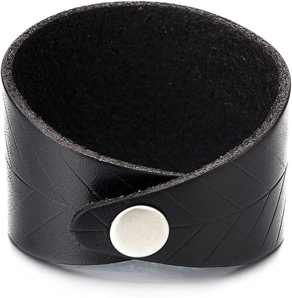 Mens Women Wide Black Leather Bracelet Leather Wristband with Leaf Veins Pattern, Snap Button - COOLSTEELANDBEYOND Jewelry