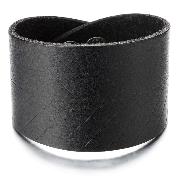 Mens Women Wide Black Leather Bracelet Leather Wristband with Leaf Veins Pattern, Snap Button - COOLSTEELANDBEYOND Jewelry