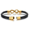 Mens Womens Black Braided Leather Bangle Bracelet Steel Gold Infinity Love Number 8, Magnetic Clasp - coolsteelandbeyond