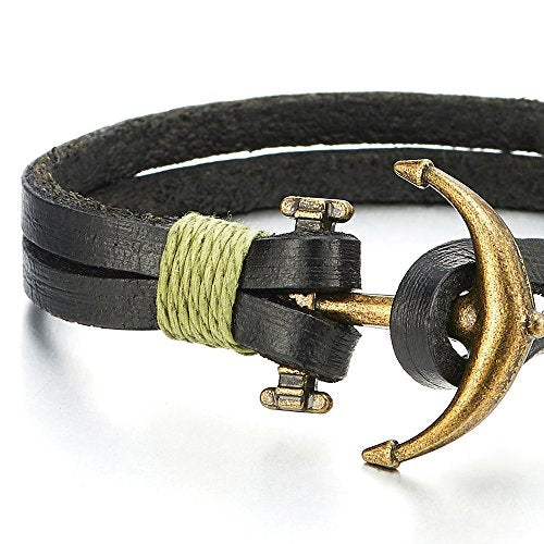 Mens Womens Bronze Anchor Wrap Bracelet Wristband, Double-Strand Leather, Nautical Sailor - coolsteelandbeyond