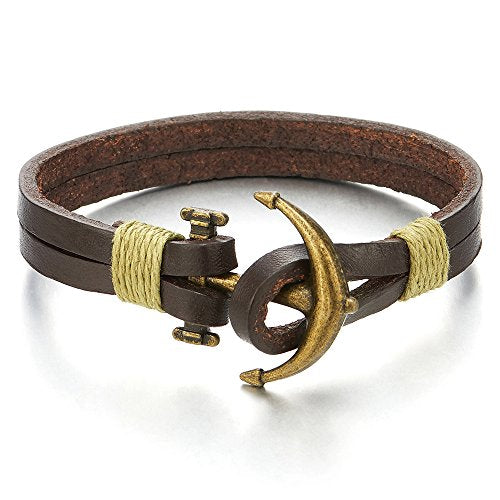 Mens Womens Bronze Anchor Wrap Bracelet Wristband, Double-Strand Leather, Nautical Sailor - coolsteelandbeyond
