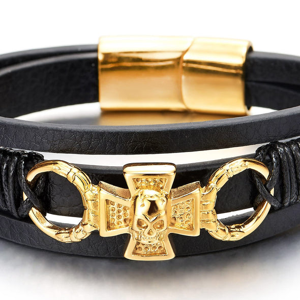 Mens Womens Gold Color Steel Skull Cross Three-Strand Black Leather Bangle Bracelet, Magnetic Clasp