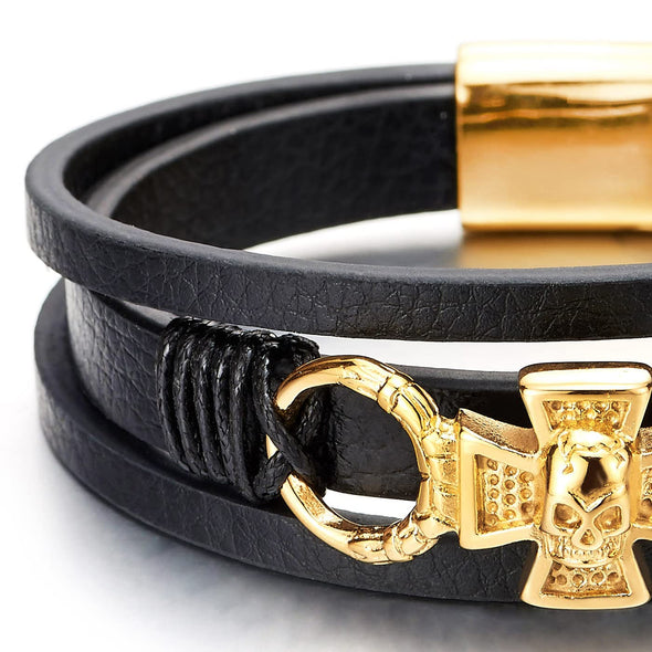 Mens Womens Gold Color Steel Skull Cross Three-Strand Black Leather Bangle Bracelet, Magnetic Clasp