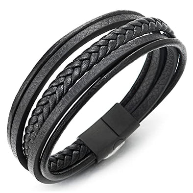 Mens Womens Multi-Strand Black Braided Leather Bracelet Wrap Wristband, Steel Black Magnetic Clasp - COOLSTEELANDBEYOND Jewelry