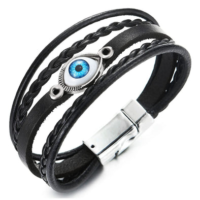 Mens Womens Multi-strand Black Leather Evil Eye Beads Charms Bracelet Wristband Wrap Bracelet - COOLSTEELANDBEYOND Jewelry