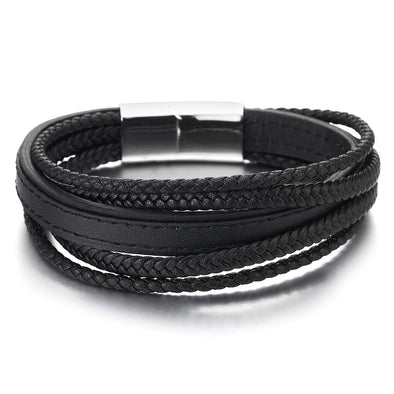 Mens Womens Multi-Strand Black Stitches Braided Leather Bracelet Wristband - coolsteelandbeyond