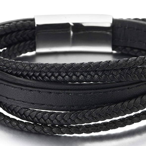 Mens Womens Multi-Strand Black Stitches Braided Leather Bracelet Wristband - coolsteelandbeyond