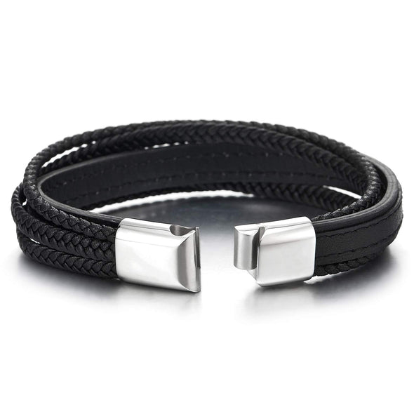 Mens Womens Multi-Strand Black Stitches Braided Leather Bracelet Wristband - coolsteelandbeyond