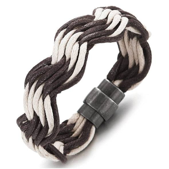 Mens Womens Multi-strand Braided Brown and White Cotton Rope Bangle Bracelet with Magnetic Clasp - COOLSTEELANDBEYOND Jewelry