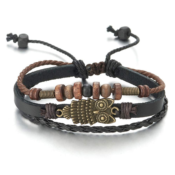 Mens Womens Multi-Strand Braided Leather Cotton Strap Bracelet with Owl and Beads Charms - COOLSTEELANDBEYOND Jewelry
